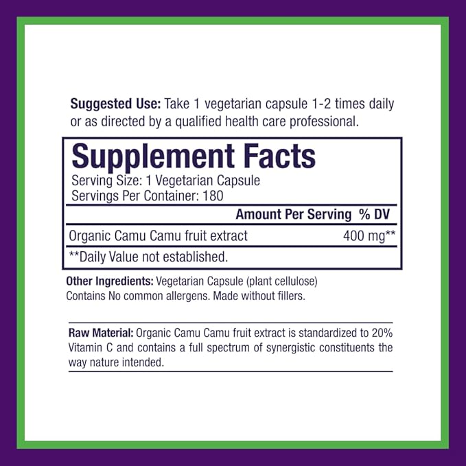 Paradise Herbs Organic Camu Camu Extract 400 mg Rich in Vitamin C Pure &amp Potent Gluten Free Non-GMO Vegan 180 Vegetarian Capsules