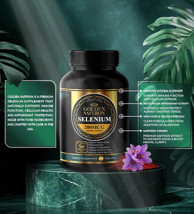 Golden Saffron Selenium (200mcg Selenium &amp 88.5 mg Saffron Extract) - to Support Overall Health Non-GMO Gluten Free Dairy Free with Unique and Advanced Formula – Made in USA &amp Tasteless.