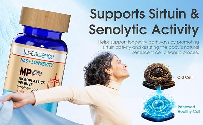 1LifeScience NAD+ Longevity Microplastics Defense Support Supplement – Probiotic Blend with NMN – Supports Digestive &amp Cellular Health – cGMP Made in USA – 60 Veggie Capsules