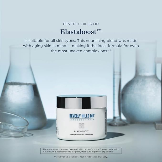 Beverly Hills MD Elastaboost Dietary Supplements for Aging Skin- Elastin Supporting Formula for Lifted Firmer Skin w/Hydrolyzed Elastin Hyaluronic Acid Vitamin C Phytoceramides (60 Capsules)