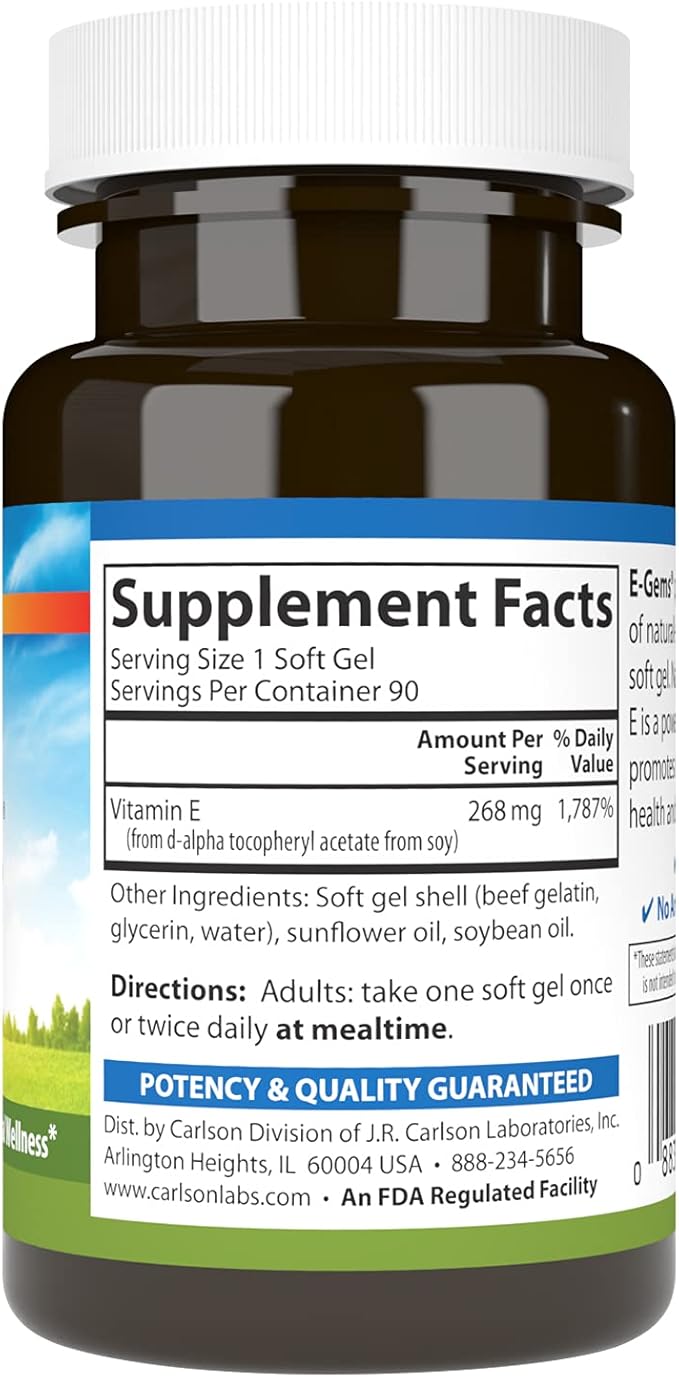 Carlson- E-Gems 400 IU (268 mg) Heart Health &amp Optimal Wellness Antioxidant 90 soft gels