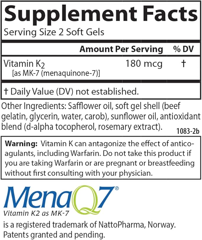 Carlson - Vitamin K2 MK-7 (Menaquinone) 180 mcg Bone Support Calcium Bioavailability K2 Vitamin Vitamin K-2 180 Softgels