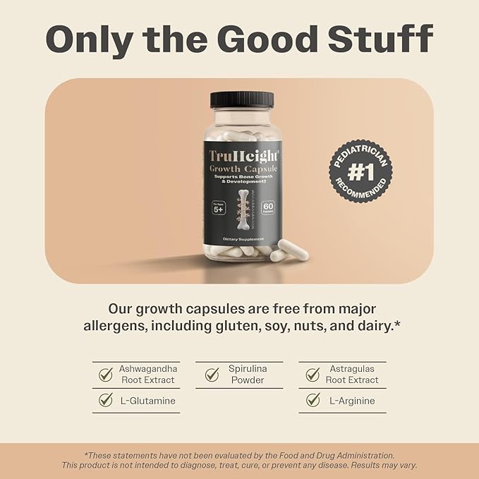 TruHeight Growth Capsules - Tall Nutrition for Natural Growth Supplement for Kids &amp Teens - Pediatric Vitamin D K Calcium &amp Ashwagandha - Kids Vitamins D3 K2 Pills Taller Ages 5+ (Pack of 2