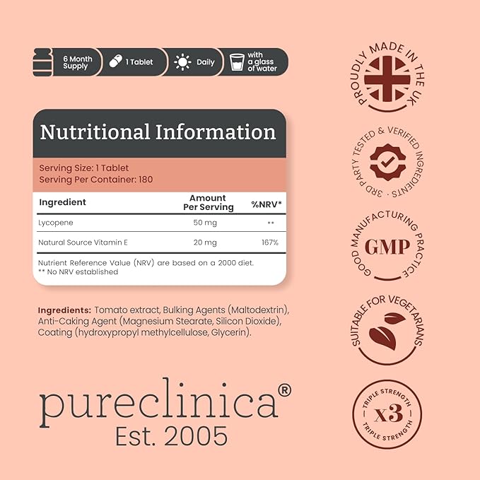 pureclinica Lycopene Supplement 50mg – High Strength Tomato Extract Antioxidant – 360 Tablets (1 Year Supply) – Prostate Health Heart Eye &amp Skin Support – GMO Free