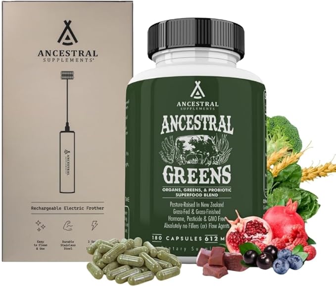 Ancestral Supplements Greens Bundle &amp Frother Wand – Organic Superfood Greens &amp Reds Blend with Spirulina Chlorella Grass Fed Beef Organs and Probiotics for Gut Health Rechargeable Electri