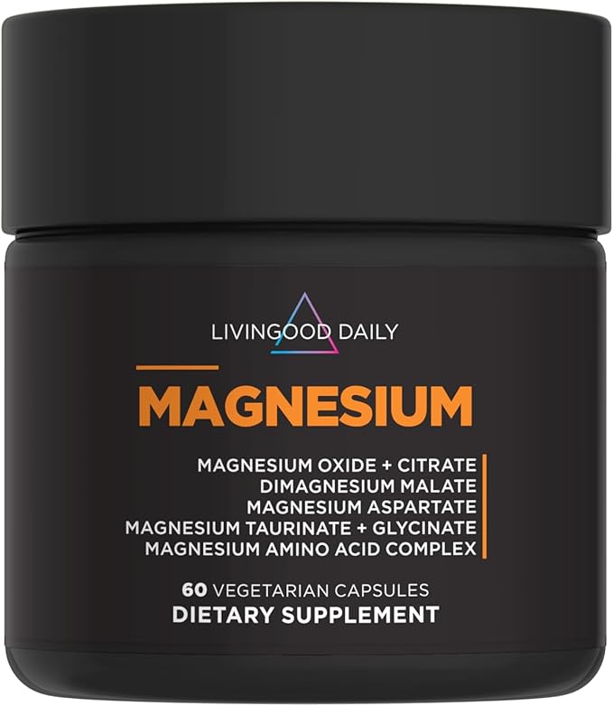 Livingood Daily Magnesium Supplement with Magnesium Glycinate Citrate Malate Oxide Aspartate Amino Acid Complex and Chicory Root for Heart Health Sleep and Muscle Support 300mg 60 Capsules