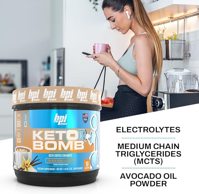 BPI Sports Keto Bomb - Promotes Energy Hydration and Fat Loss - MCT and Electrolytes - Sugar-Free with Calcium - French Vanilla Latte 18 Servings