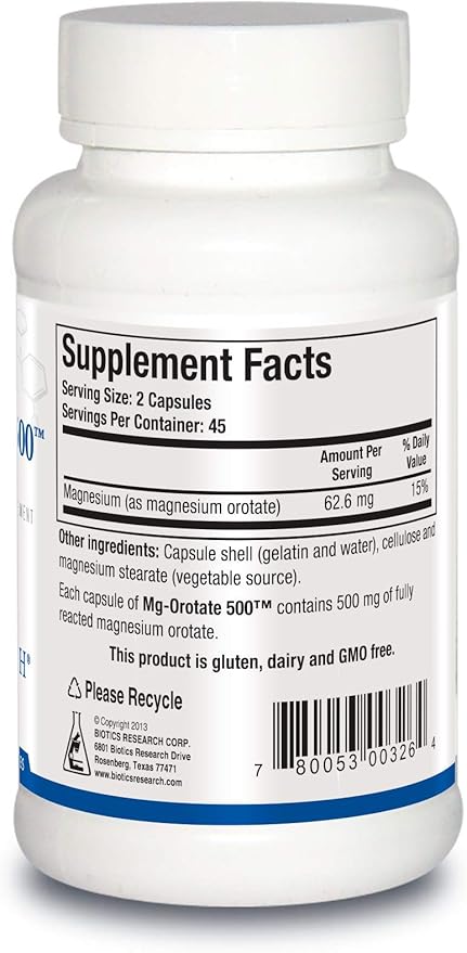 Biotics Research Mg Orotate 500mg™ Magnesium Orotate - 2 Capsules per Serving (1000mg) - Cardiovascular Support Heart Health Overall Relaxation Improves Sleep and Muscle Relaxation - 90 Caps
