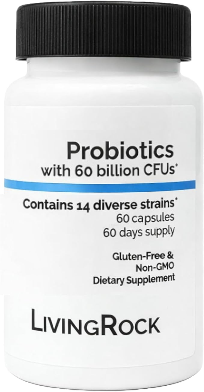 LivingRock Probiotics 60 Billion CFU – 14 Diverse Strains + Prebiotic Fiber (FOS) with Zinc &amp Vitamin D3 – Gluten-Free Non-GMO Dietary Supplement 60 Capsules