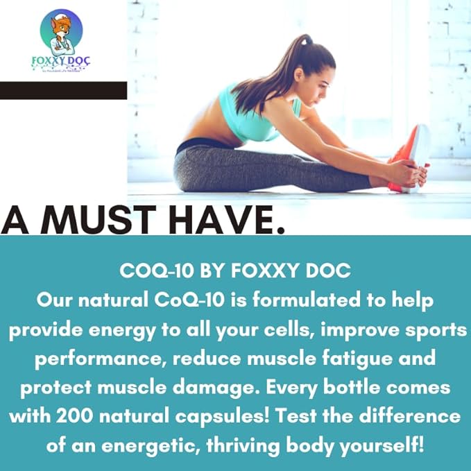 CoQ10 - Co-Enzyme Q10-200 mg - Excellent Value - 200 Caps - Quick Absorption - Veg. Caps - Non-GMO - Ubiquinone - Heart &amp Cellular Energy &amp Brain Supplement by Foxxy Doc