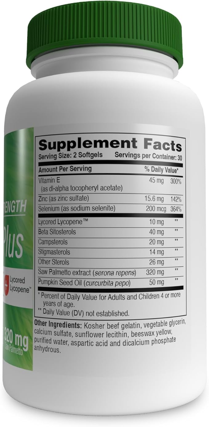 Health Thru Nutrition Prostate Plus Double Strength with Saw Palmetto Extract Lycopene as Lycored Plant Sterols Selenium Zinc and Pumpkin Seed | Complete Prostate Support (Pack of 60)