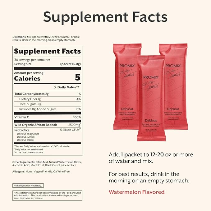 ProMix Nutrition Debloat Prebiotics and Probiotics Immune Support Supplement for Digestion Cortisol Health Gut Cleanse - Watermelon - 30 Servings (Pack of 30)