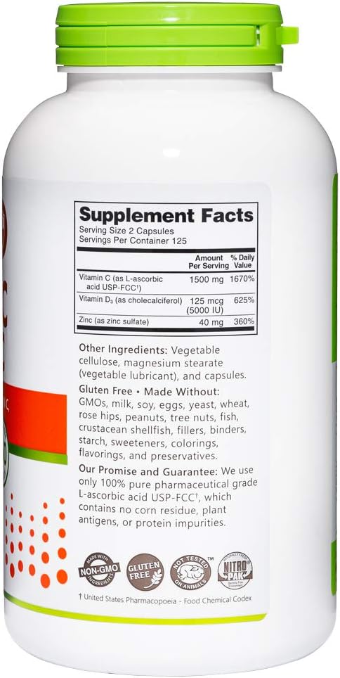 NutriBiotic – Vitamin C + Vitamin D3 &amp Zinc 250 Capsules | Potent Comprehensive Immune Support | Essential &amp Antioxidant Daily Supplement | Gluten &amp GMO Free (Pack of 2)