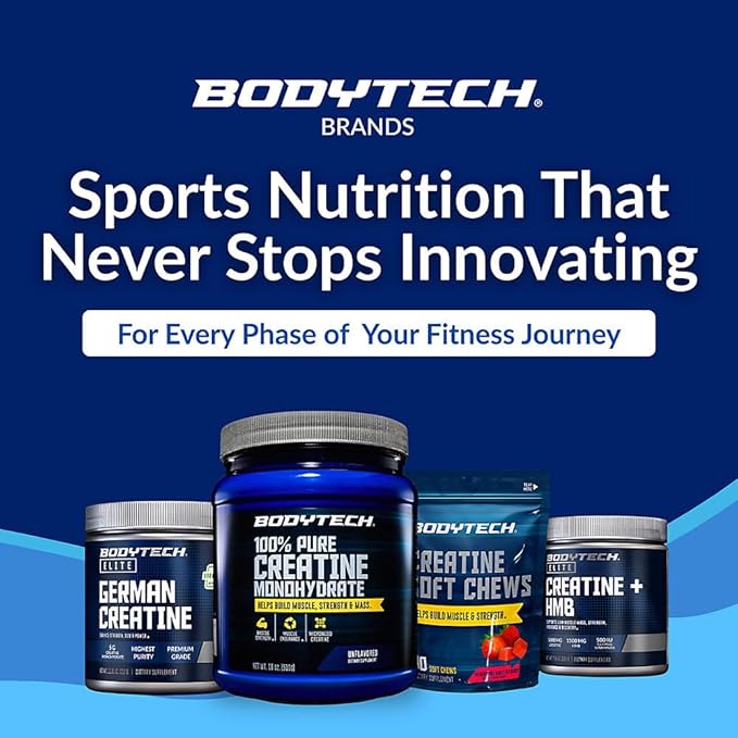 BodyTech Creatine Monohydrate Powder Unflavored Micronized Creatine Formula for Men and Women 5g per Serving Pre Workout &amp Post Workout Supplement Gluten Free Sugar Free 18 Oz 102 Servings