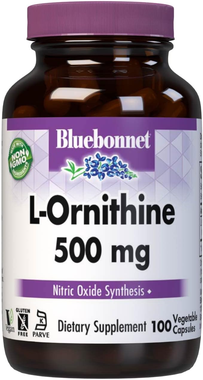 Bluebonnet Nutrition L-Ornithine 500mg Free-Form Amino Acid for Healthy Protein Metabolism* Soy-Free Gluten-Free Non-GMO Kosher Certified Vegan 100 Vegetable Capsules 100 Servings