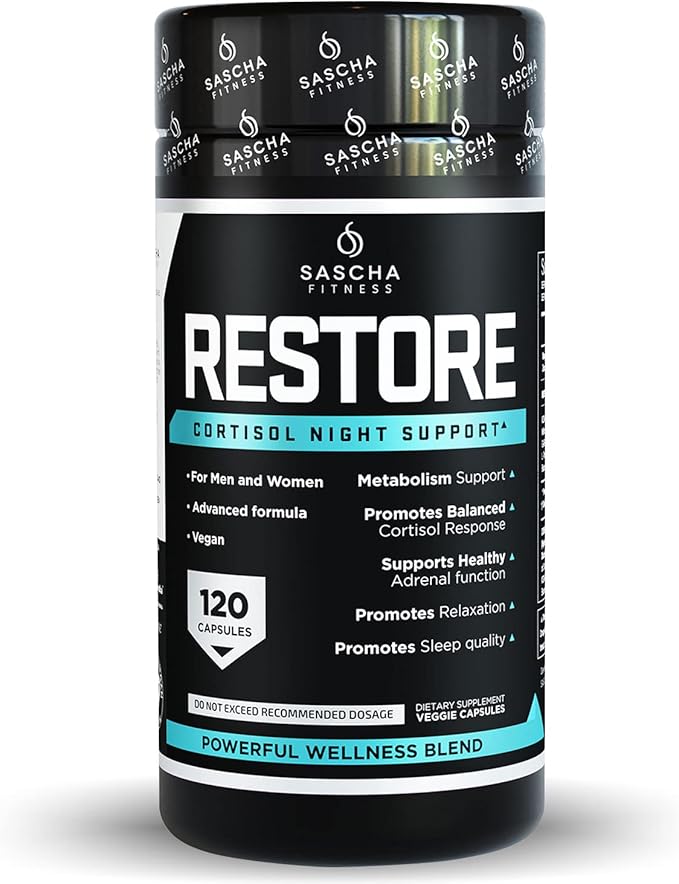 SASCHA FITNESS Cortisol Night Support Pills | Metabolism &amp Hormonal Balance | Promotes Quality Sleep | Restore | Vegan Weight Loss Supplement – 120 Natural Capsules