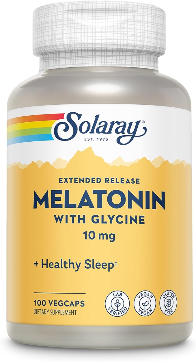 SOLARAY Melatonin 10mg with Glycine - Extended Release Healthy Sleep Aid and Calming Relaxation Support - Lab Verified Vegan Gluten Free 60-Day Guarantee - 100 Servings 100 VegCaps