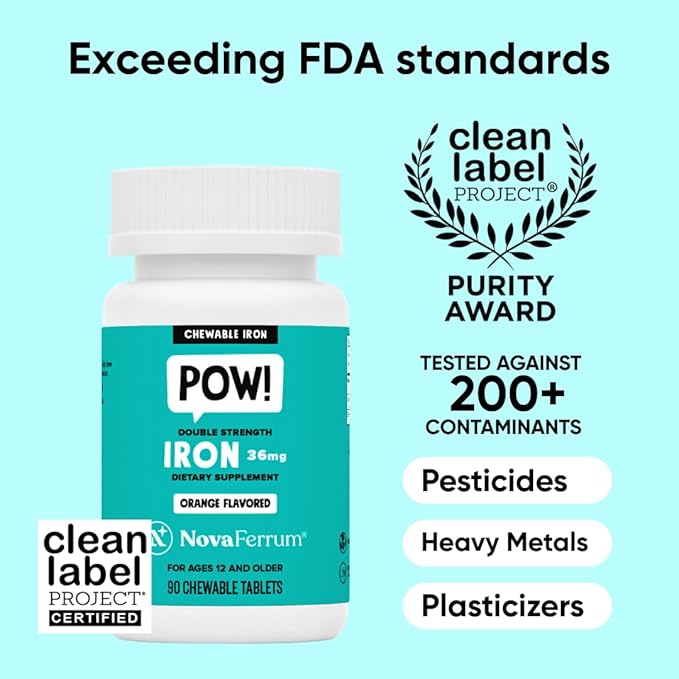 NovaFerrum Pow | Chewable Iron Supplement for Kids &amp Adults Ages 12 and Over | Anemia | 36mg of Iron | 90 Servings | Sugar Free