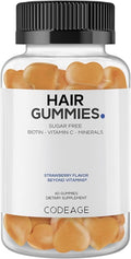 Codeage Hair Gummies Biotin 5000 mcg Sugar Free Growth Gummy Vitamins A C B6 B12 D3 Zinc Inositol Supplement Women &amp Men Pantothenic Folic Acid Nails Skin Strawberry Coconut Flavor 6