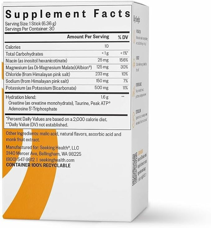 Seeking Health Optimal Electrolyte Sticks - Electrolyte Drink for Hydration Heart &amp Muscle Recovery† Support - Supports Active Lifestyle - Vegan Gluten-Free &amp Non-GMO - Orange Flavor 30 Sti