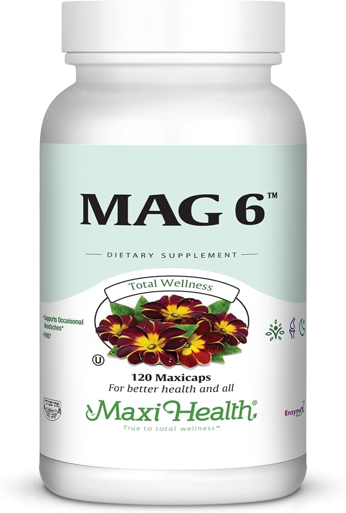 Maxi Health MAG 6 - Magnesium (as Oxide Glycinate) with Vitamin B6 - Migraine Muscle Cramps Kidney Stone Support - Magnesium Supplement for Women &amp Men - 120 Capsules - Kosher