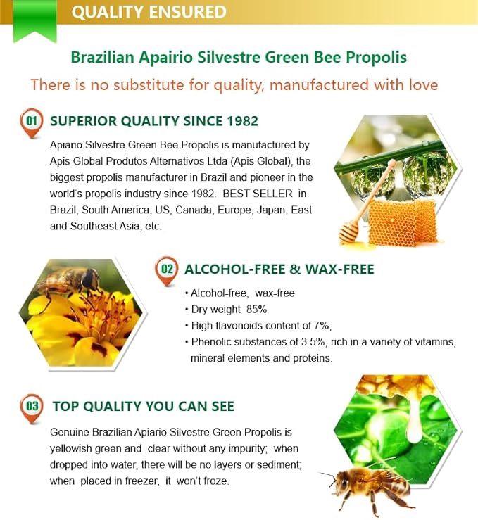 Official Distributor - 3 Bottles of Apiario Silvestre Brazilian Green Bee Propolis Liquid Glycolic Extract-Non Alcoholic Wax Free Sugar Free