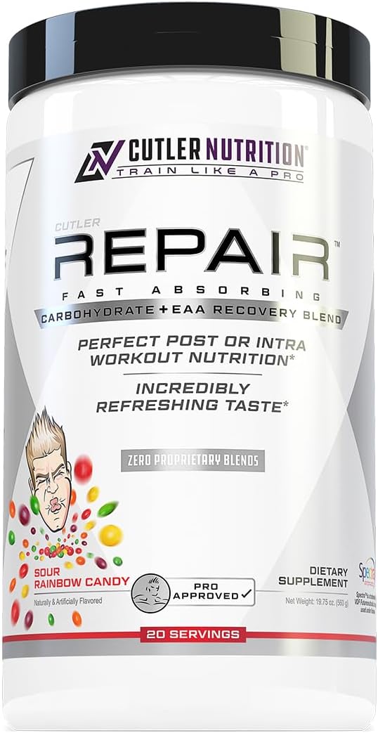 Repair Post Workout Recovery Drink: Fast Absorbing Carbohydrates (Waxy Maize + Cluster Dextrin) and BCAA/EAA for Advanced Muscle Recovery Sour Rainbow Candy 20 Servings