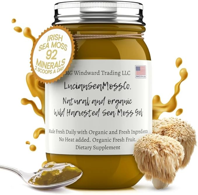 Lion's Mane Mango Sea Moss Gel Organic Fresh Fruit Infused Certified Wild Harvested Irish Sea Moss Gel | Immune and Digestive Support | Vitamin Mineral Antioxidant Supplements | (16 oz. Lion's Mango)