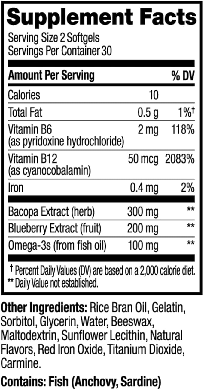 OLLY Ultra Strength Brain Softgels Nootropic Supports Healthy Brain Function Memory Focus and Concentration Omega-3s Vitamins B6 and B12 30 Day Supply - 60 Count (Pack of 2)