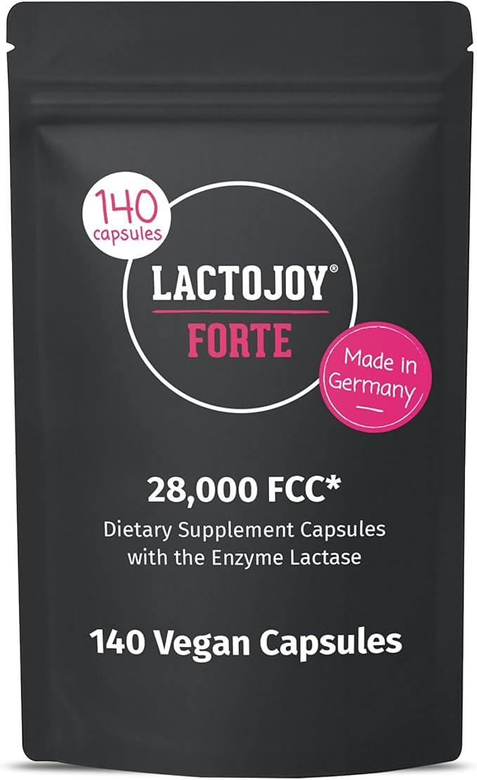 LactoJoy Forte 28000 FCC - Lactase Capsules with 6h Depot Effect - 140 Vegan Capsules Refill Pack - Fast-Acting Long-Lasting Lactase - No Additives - Made in Germany - Dairy Relief