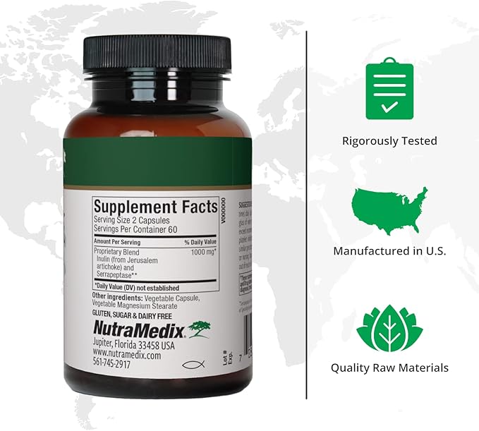 NutraMedix Serrapeptase Supplement with Proteolytic Digestive Enzymes for Women &amp Men - Inulin Prebiotic Fiber for Gut Health &amp Joint Support - Dairy Soy &amp Gluten-Free (120 Capsules)