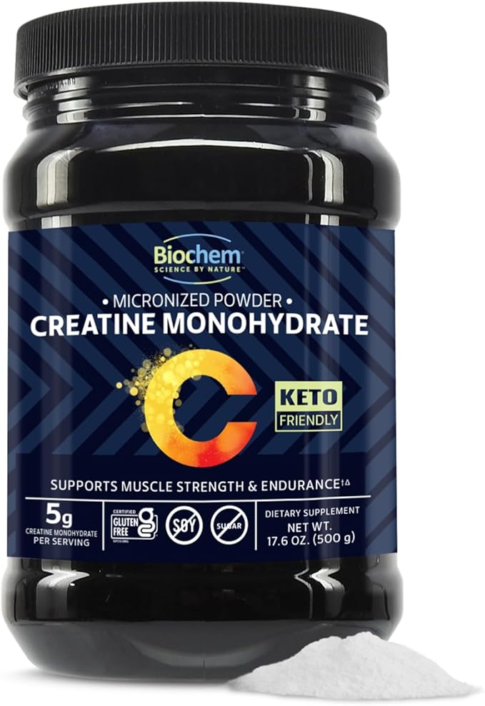 Biochem Micronized Creatine Monohydrate Powder – Muscle Strength &amp Endurance Support – Clean Vegan Formula – Certified Gluten Free K-Parve &amp Keto – 17.6 oz - 100 Servings