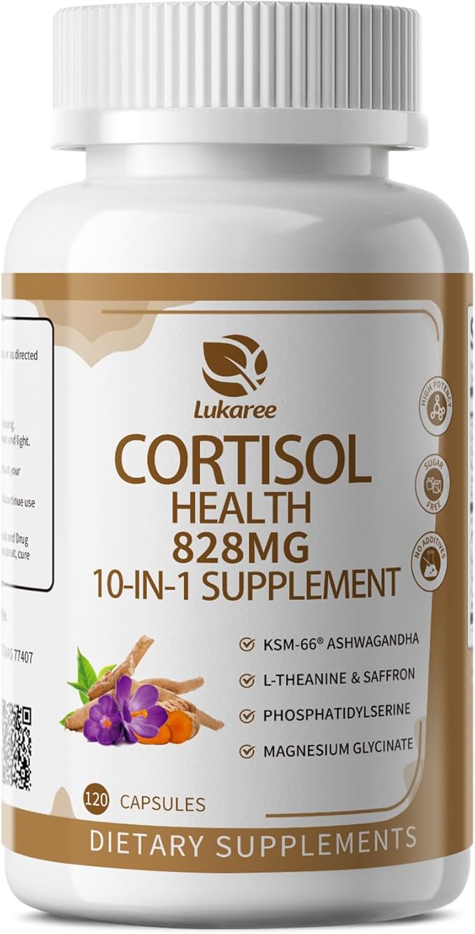 10-IN-1 Cortisol Supplements w/ KSM-66® Ashwagandha 300mg + L-Theanine 250mg Magnesium Glycinate Saffron Phosphatidylserine Turmeric &amp Vitamin C D3 B6 B5 For Women Men 120 Capsules 60-Day Su