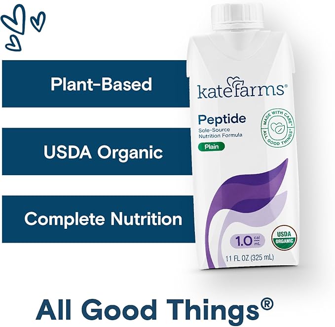 KATE FARMS Organic Adult Peptide 1.0 Formula Plain Sole-Source Hydrolyzed Plant-Based Nutrition for Oral or Tube Feeding 11 Fl oz (12 Pack)