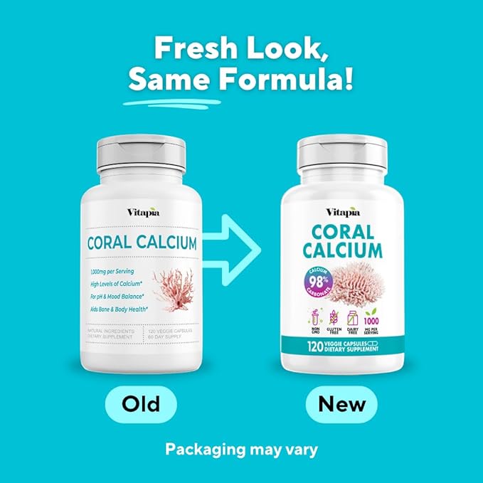 Vitapia Coral Calcium Powder 1000mg Capsules for Overall Health Bone Health PH Level Balance Trace Minerals Support - 120 Veggie Capsules - Non-GMO &amp Gluten-Free Supplement