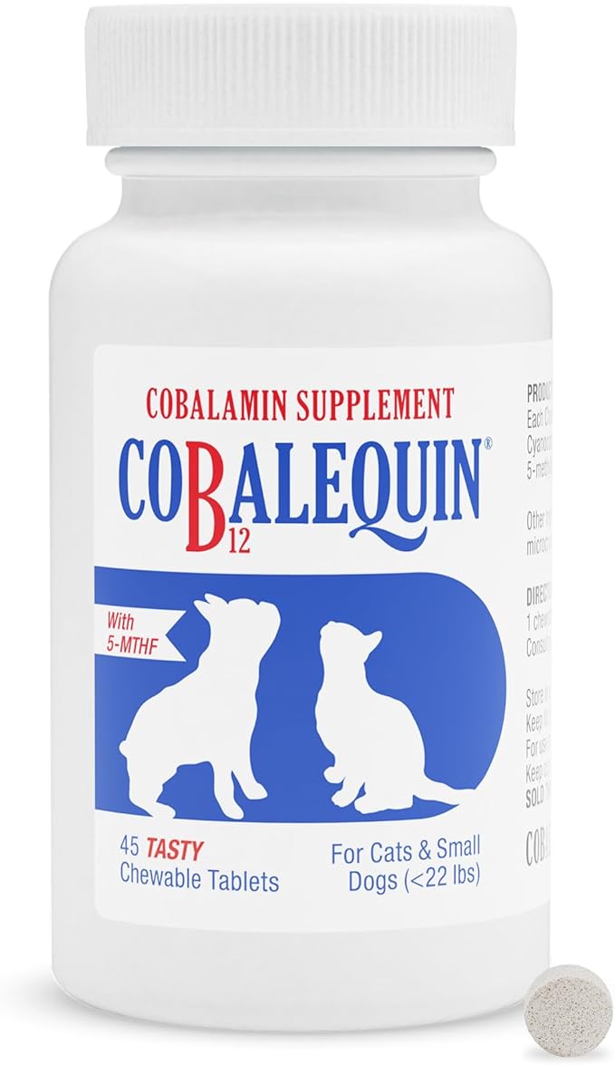 Nutramax Cobalequin B12 for Dogs and Cats Oral Cobalamin Supplement with Folate Vitamin B12 for Dogs Under 22 lbs. and Cats Supports GI Health Chewable Tablets 45 Count