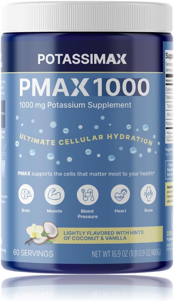 PMAX1000 High Dose Pure Potassium Electrolyte Supplement Powder 1000mg 4-Type Potassium Blend-Citrate Gluconate BicarbonateChloride. Supports Healthy Blood Pressure Heart Kidneys Bones Muscles
