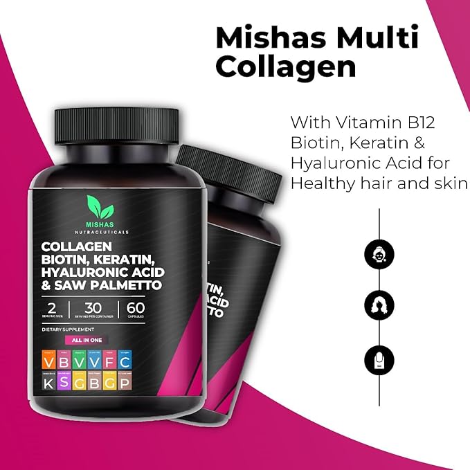 Multi Collagen Hair Pills - Biotin 10000mcg Keratin &amp Hyaluronic Acid - Hair Growth - Hair Skin &amp Nails Vitamins &amp DHT Blocker - Vitamin E Folic Acid Pumpkin Seed MSM Saw Palmetto 60 Ve