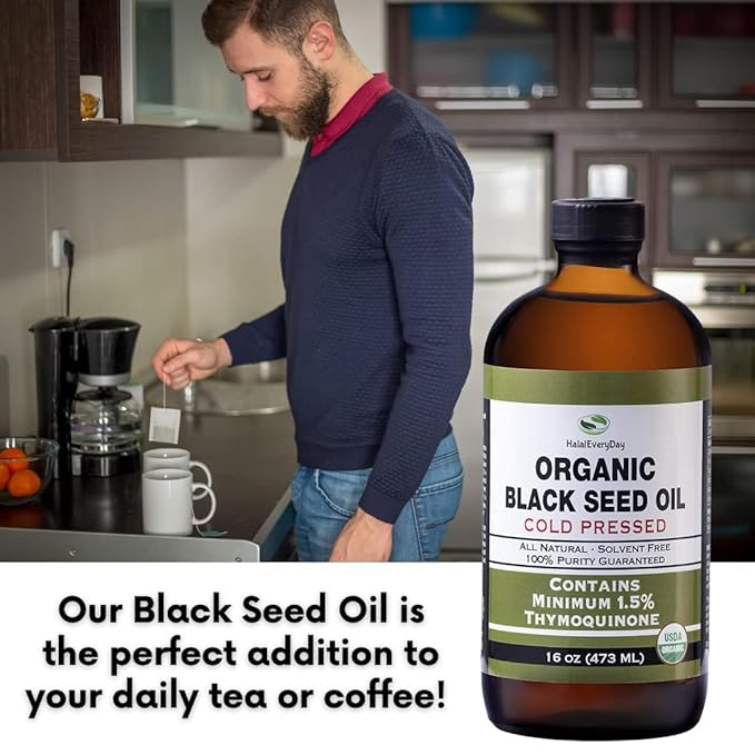 HalalEveryDay Organic Black Seed Oil - USDA Certified Cold Pressed Glass Bottle Over 1.5% Thymoquinone 3X Strength Turkish Black Cumin Nigella Sativa Non-GMO 100% Pure Blackseed Oil (Capsules)