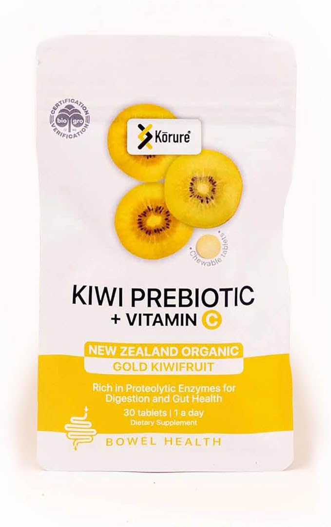 Kiwi Prebiotic + Vitamin C Chews 100% New Zealand Golden Kiwi for Gut Health Digestion Support &amp Regular Bowel Movements (30 Tablets)