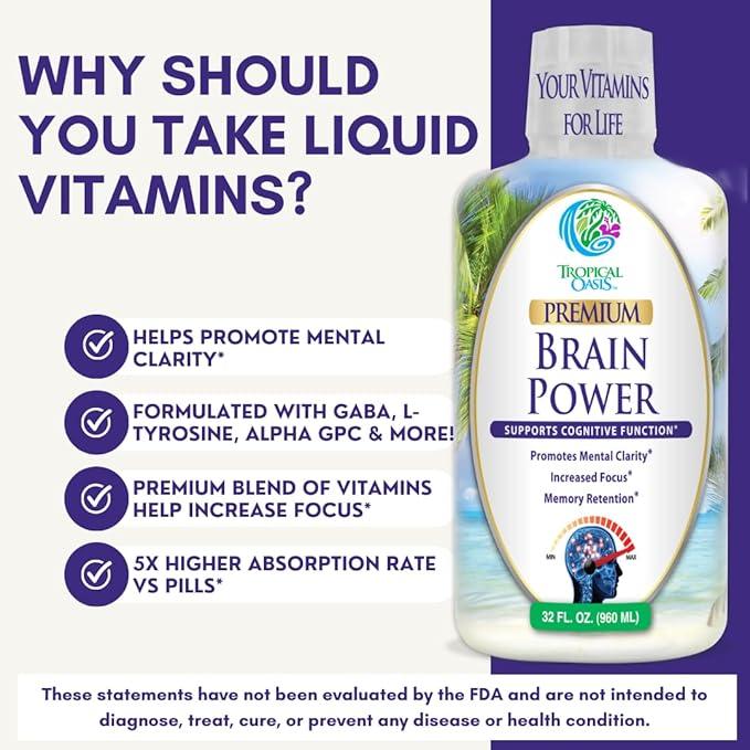 Tropical Oasis - Brain Power | Liquid Nootropic Supplement - Promotes Mental Clarity Focus and Memory Retention (Unflavored 32 Servings)