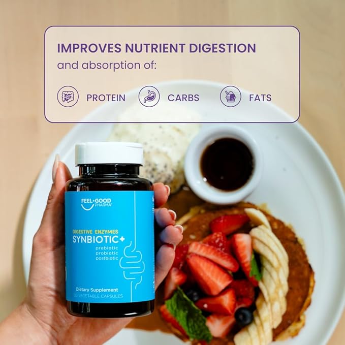 Feel Good Digestive Enzymes 4-in-1 Synbiotic+ – with Prebiotics Probiotics &amp Postbiotics – Gut Health Digestion &amp Bloating Relief – Pharmacist Formulated for Adults