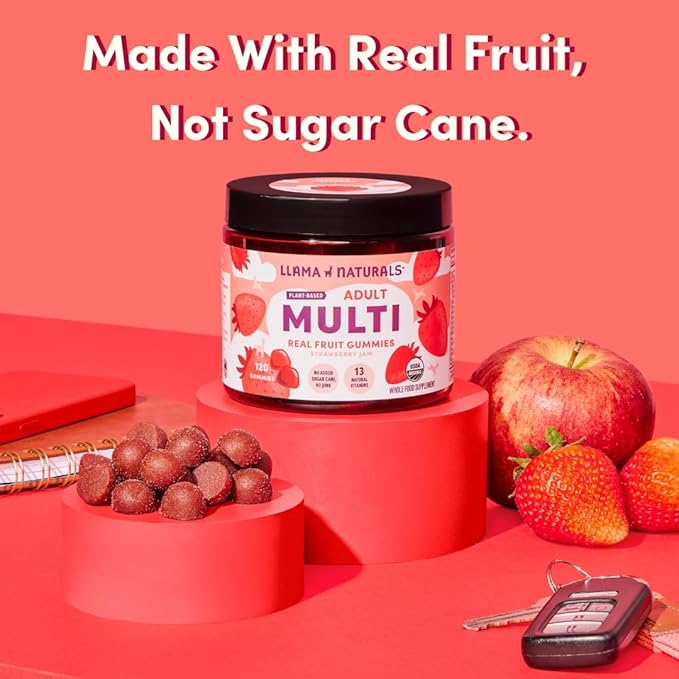 Llama Naturals Multivitamin for Women &amp Men Vegan Organic Gummies with Vitamin D C &amp K Adults Real Fruit Gummy Vitamins Chewable Multivitamin Supplement No Added Sugar Cane Strawberry