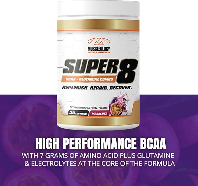 Super 8 High Performance BCAA Electrolyte &amp Glutamine Blend Formula - Post-Workout Recovery and Muscle Building Supplement 30 Serving (Maracuya)