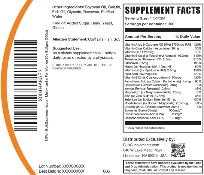BulkSupplements.com Multivitamin for Women 50 Plus Softgels - Women's Daily Vitamins Multimineral Supplement - Complete Multivitamin with Fish Oil - 1 Softgel per Serving 300 Count (Pack of 1)