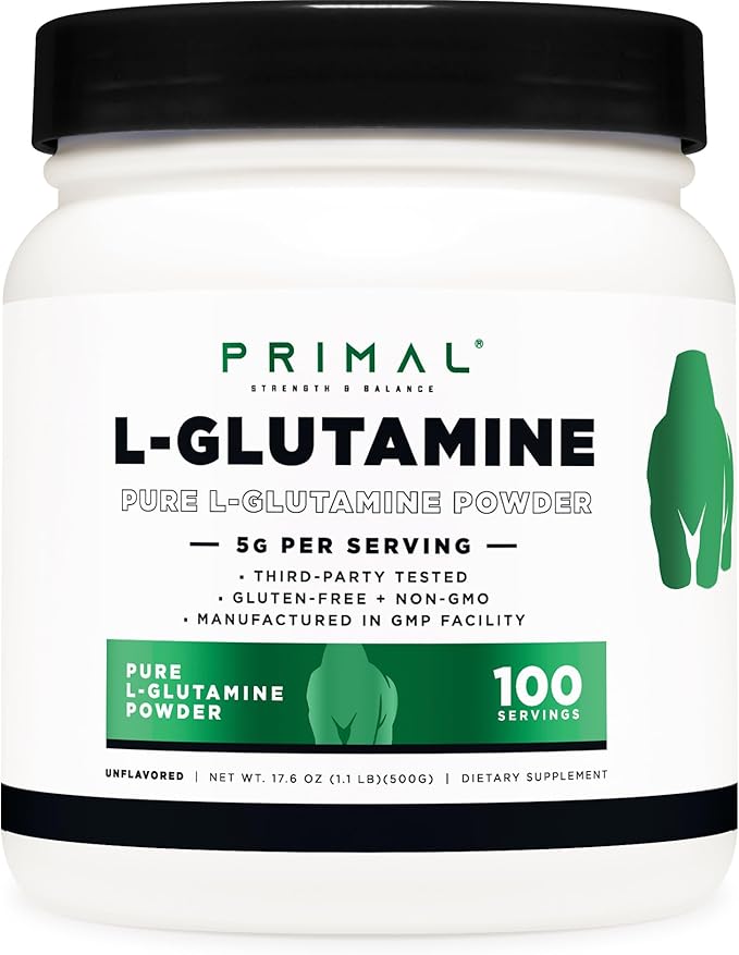 Primal L-Glutamine Powder (500 Grams 100 Servings) | Pure Unflavored Glutamine Amino Acid for Sport &amp Workout Support and Performance - Gluten Free Non-GMO Nutritional Supplement