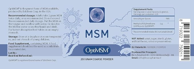 Procapsin OptiMSM – Pure Methylsulfonylmethane MSM Supplement Powder – Organic Gluten Free Non-GMO – Opti MSM Sulfur Crystals/Powder for Kids and Adults (250Grams)