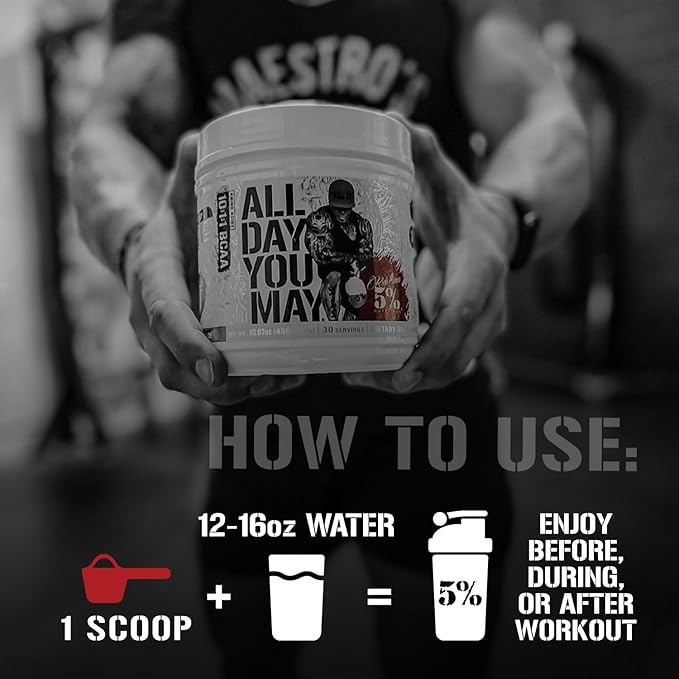 5% Nutrition Rich Piana AllDayYouMay BCAA Powder | Premium Intra &amp Post Workout Amino Acids EAA Electrolytes | Hydration Endurance Recovery | Vegan &amp Keto | 16.93 oz 30 Srvgs (Blue Raspbe