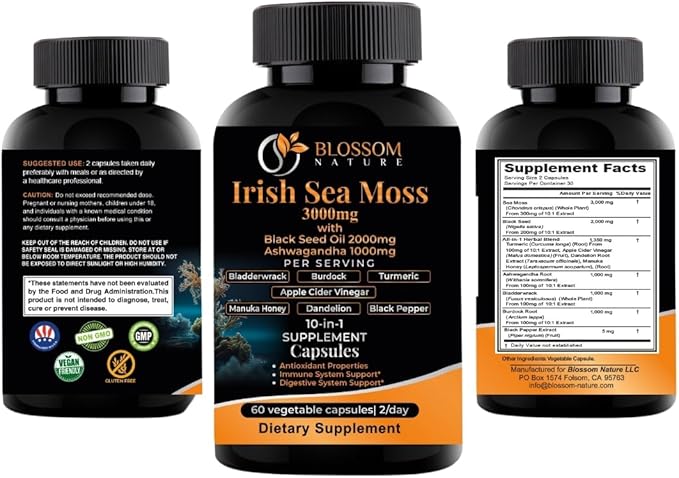 10-in-1 Irish Sea Moss Veggie Caps 3000mg Black Seed Oil Ashwagandha Bladderwrack Burdock Turmeric Apple Cider Vinegar Manuka Honey Dandelion Black Pepper - Made in US(Veggie Caps Unflavored)