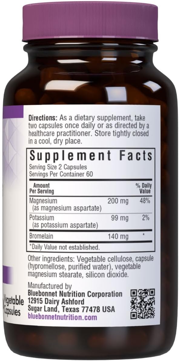 Bluebonnet Magnesium Potassium Supplement Plus Bromelain for Muscle Health Support - Daily Magnesium Complex for Women &amp Men - Non-GMO Vegan Gluten-Free - 120 Vegetarian Capsules (60 Servings)